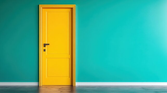 A vibrant yellow door set against a striking turquoise wall, creating a bold contrast that symbolizes new beginnings and opportunities in architecture.