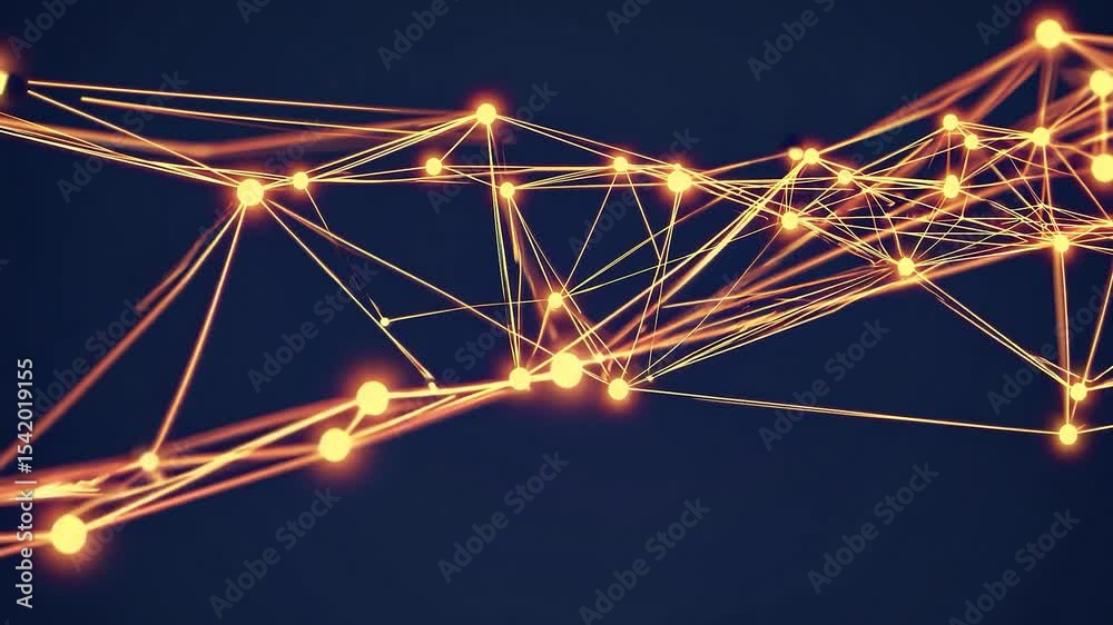 Poster orange glowing dots and lines are slowly connecting and expanding, creating a complex network on a d