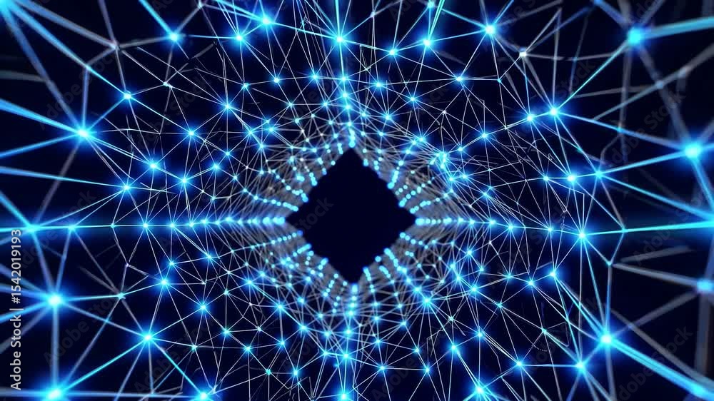 Poster rotating plexus tunnel featuring luminous blue dots emerging through dark digital space, generating 