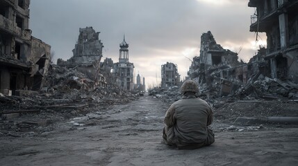 Lonely Soldier Sitting in War-Torn City Street Reflecting on Destruction and Loss