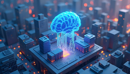 AI‑powered neural city network with glowing digital brain hovering above downtown grid AI Agent AGI ASI