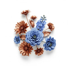 A stunning color combination. A piece of coiled, polished copper pipe is arranged with a few stems of brilliant blue Delphinium flowers.