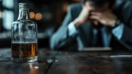 A close-up of a whiskey bottle on a distressed man's table, reflecting inner turmoil and emotional struggle, suggesting a narrative of escapism through substance use.