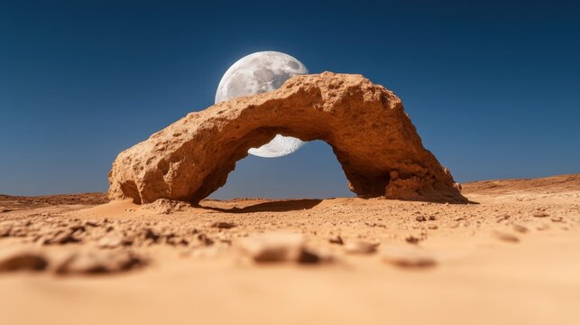 A stunning rock arch in a vast desert landscape illuminated by a full moon, creating an enchanting atmosphere that captures the beauty of nature and nighttime wonder.