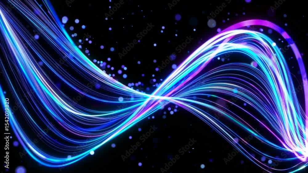 Poster luminous lines weaving wave patterns with glowing particles, creating mesmerizing energy against dar