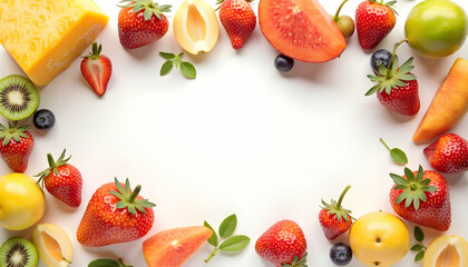 Fruits and Cheese Arranged on White Background, Healthy Food Concept