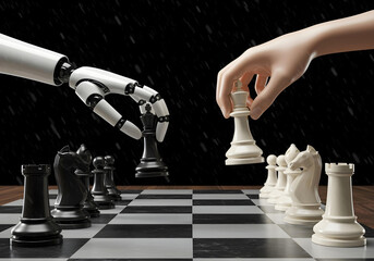 Chess duel between human and AI robot representing strategic technological rivalry AI Agent AGI ASI