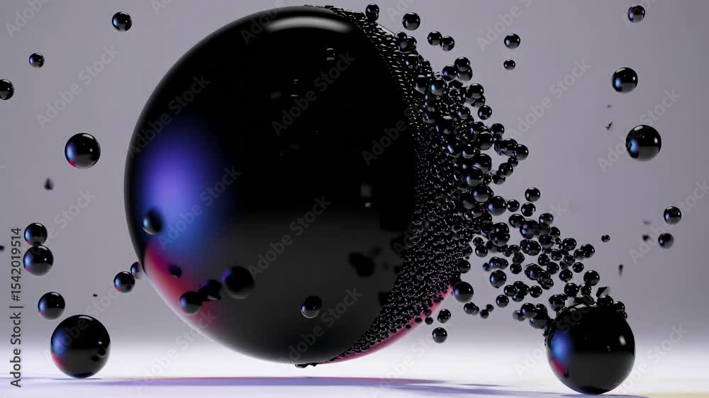 Aufkleber shiny black sphere gradually exploding and transforming into multitude of tiny black spheres on a cl