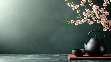 An elegant teapot accompanied by delicate cherry blossoms creates a serene, artistic composition that embodies tranquility and sophistication in a minimalistic setting.