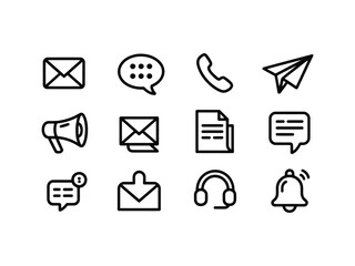 Twelve Black Outline Communication Icons Set Email Message Phone Paper Airplane Megaphone Document Chat Headset Bell Notification