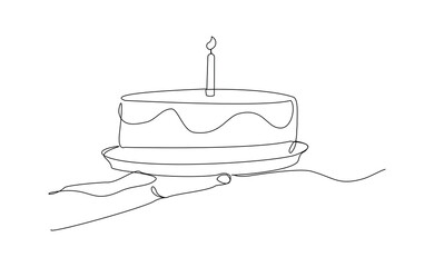 Continuous line of people hand holding creamy sweet birthday cake with candle and topping. Traditional birthday bakery dessert for party. Editable stroke sketch drawing vector illustration
