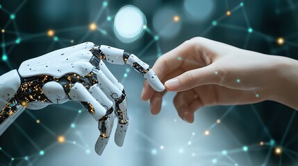Human and robot hands touching over big data network, AI and machine learning technology innovation with futuristic sci-fi connection concept
