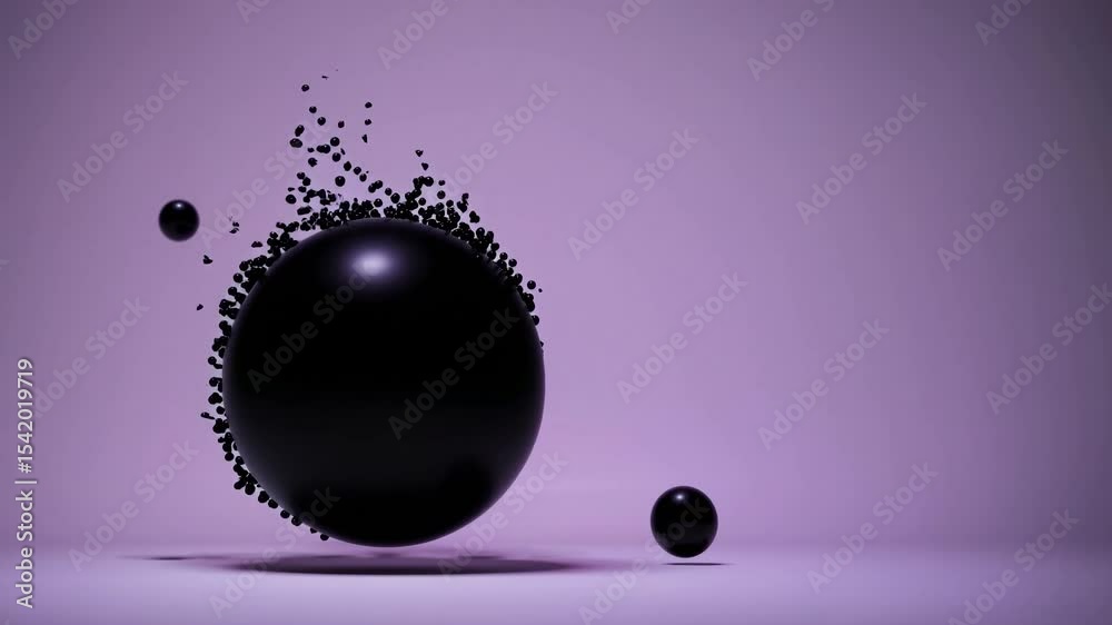 Poster multiple views of a large black sphere slowly exploding and emitting many small black particles on a