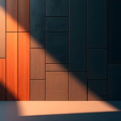 Illuminated Geometric Wood Wall: Teal & Black Vertical Blocks with Glowing Orange Accents - Modern 3D Textured Wallpaper Design