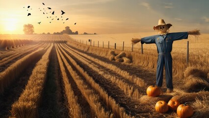 Fototapeta premium A festive autumnal scarecrow adorned with a hat and pumpkins in a wheat field during sunset, accompanied by several crows.