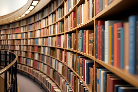 A Long View of Books Arranged on Library Shelves
