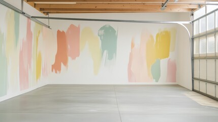 Artinspired garage with abstract brushstroke patterns, muted pastels, and a plain white wall. Bright and airy studio space featuring colorful abstract wall art.