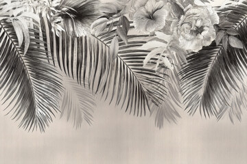 Boho wallpaper, vintage botanical illustration of tropical leaves