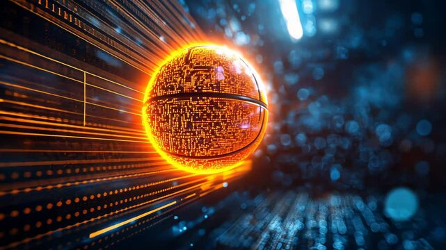Glowing digital basketball with abstract data streams. Concept of esports, future game, virtual sport, and digital technology footage.