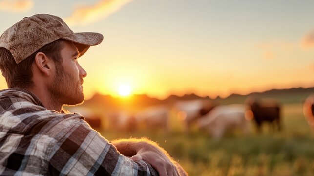 A contemplative man in a plaid shirt gazes at a stunning sunset over a peaceful farm, reflecting a deep connection with nature and a tranquil rural lifestyle. - Powered by Adobe