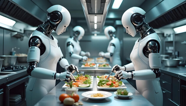 AI robotic chef preparing food in industrial kitchen environment, showcasing automation in culinary business