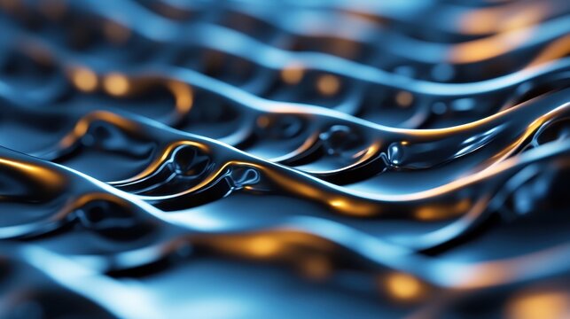 An artistic close-up image of glossy blue metallic waves, creating an abstract representation of fluidity and texture, inviting contemplation and aesthetic appreciation in a striking visual design.