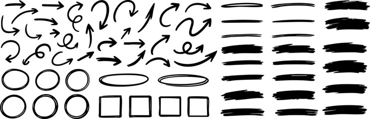 Set of black marker-style arrows, circles, squares, and highlighter strokes. Ideal for infographics, notes, or web annotations. Isolated on transparent background. Vector EPS 10