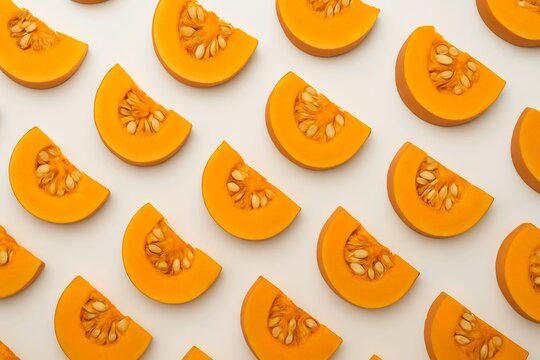 Top view of fresh pumpkin slices arranged on a clean white background. Fresh pumpkin slices create a bright, healthy and refreshing food pattern.