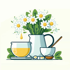 A still life with flowers tea spoon bowl leaves and a pitcher