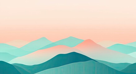 A serene landscape of softly layered, pastel mountains.
