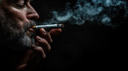 A striking profile of an older man deep in thought as he smokes a cigarette, capturing the essence of contemplation and life experiences amidst swirling smoke in a dramatic setting.