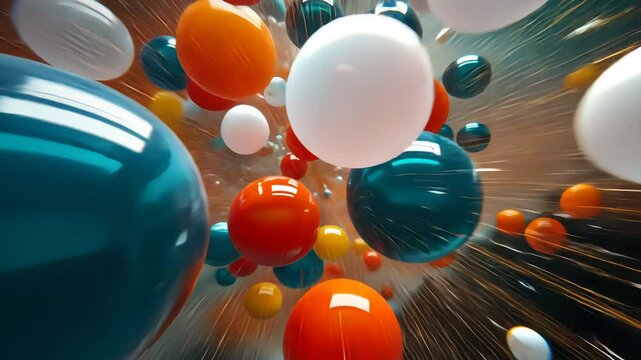 Bright colorful abstract balls flying towards the viewer. Motion blur effect for fast movement concept. Bubble energy background footage.