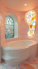 Art nouveau bathroom with flowing organic lines, stained glass, and soft pastel tiles. A modern bathroom featuring unique stained glass windows and an elegant freestanding tub, highlighting vibrant co