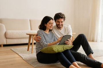young couple sitting on the floor and using interent on digital tablet concept pareja joven sentada en el suelo y utilizando interent en tableta digital concepto jeune couple assis utilisant