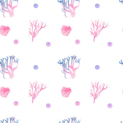 Watercolor delicate pattern with blue and pink corals and shells