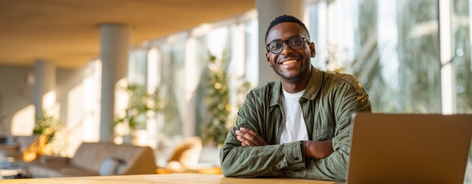 The smiling man at a modern workspace with a laptop and natural light