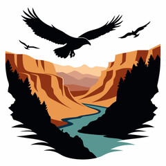 Eagle soaring over canyon landscape, black silhouette white background
