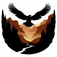 Obraz premium Eagle soaring over canyon landscape, black silhouette white background