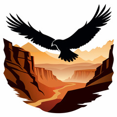 Eagle soaring over canyon landscape, black silhouette white background