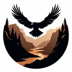 Eagle soaring over canyon landscape, black silhouette white background