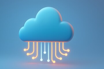 Blue Cloud Icon with Digital Lines Representing Data Connection