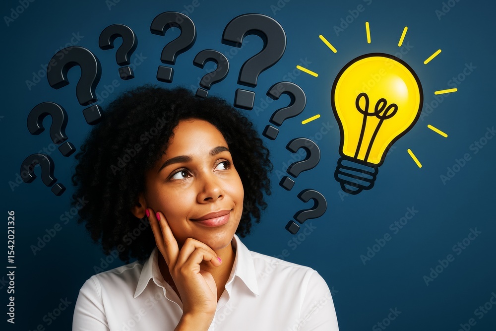 Poster Thoughtful woman surrounded by question marks with lightbulb on blue background symbolizing creativity, insight, and problem solving. Ai generative.