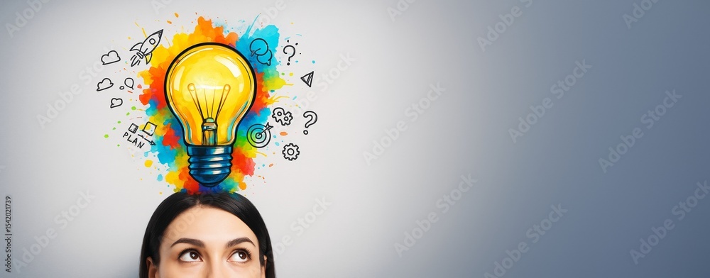 Poster woman looking up at colorful light bulb with creative icons on gradient background, concept of ideas