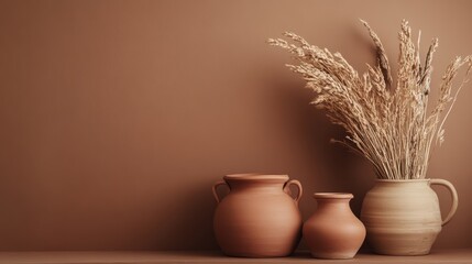 Artisan clay storage pots with a muted brown wall. Elegant clay pots with dried grass against a warm backdrop, perfect for home decor and modern interiors.