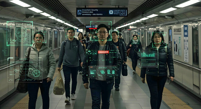 Artificial intelligence facial recognition system scanning people in metro station AGI ASI