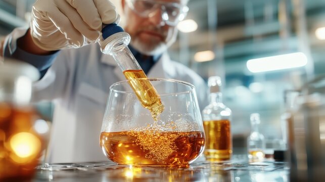 A focused scientist conducts an experiment in a modern laboratory, showcasing dedication and discovery in the field of science with various glassware and colorful liquids.