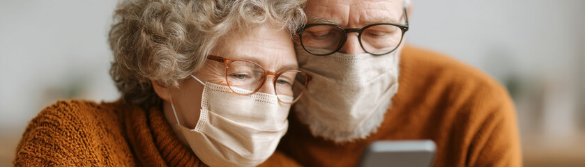 A close-up of an elderly couple wearing face masks, attentively looking at a smartphone together. 