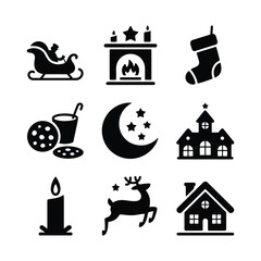 Fototapeta premium Nine Black Christmas Icons Set Santa Sleigh Fireplace Stocking Cookies Milk Moon Stars House Candle Reindeer