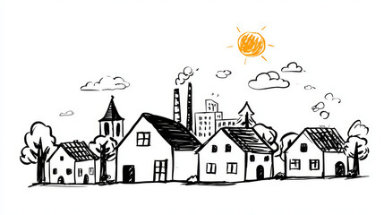 Town skyline silhouette. Small city houses, factory buildings, old church roofs, simple residental neighborhood vector flat scene