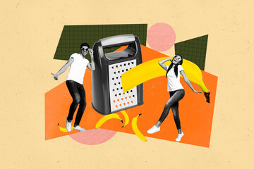 Creative full art collage of happy girl guy stand grater kitchenware prepare cooking ripe banana...
